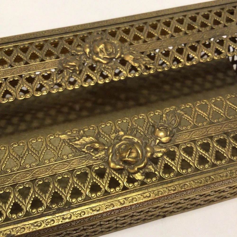 Vintage Brass Tissue Box Holder Gold  Filigree‎ Hollywood Regency Roses